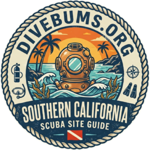 Circular vintage badge logo for Divebums.org. The center illustrates a classic brass diving helmet resting in ocean waves and kelp, backed by a sunset, palm trees, and a rocky shoreline. The outer ring features a nautical rope border with 'DIVEBUMS.ORG' at the top and 'SOUTHERN CALIFORNIA SCUBA SITE GUIDE' at the bottom, accented by small scuba gear icons and a dive flag.